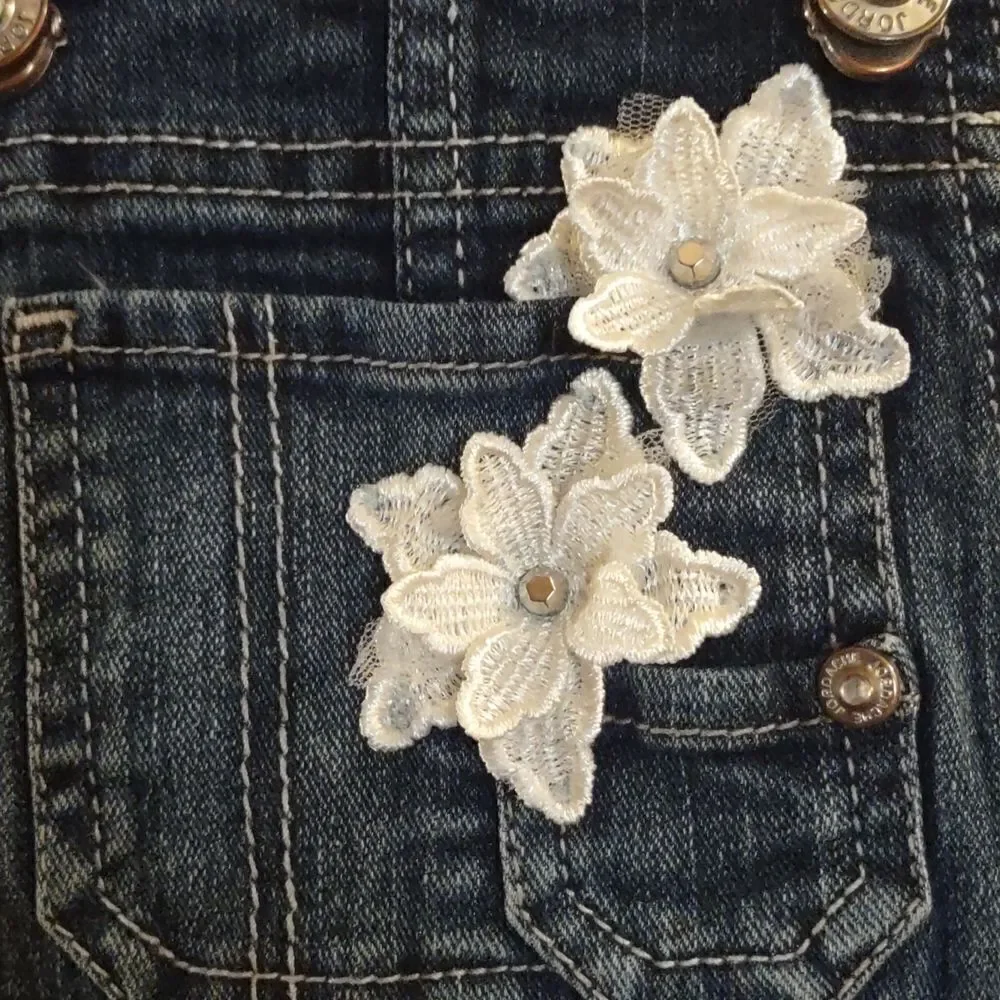 Jordache Girls Size 4-5 denim‎ adjustable overalls shorts lace floral applique